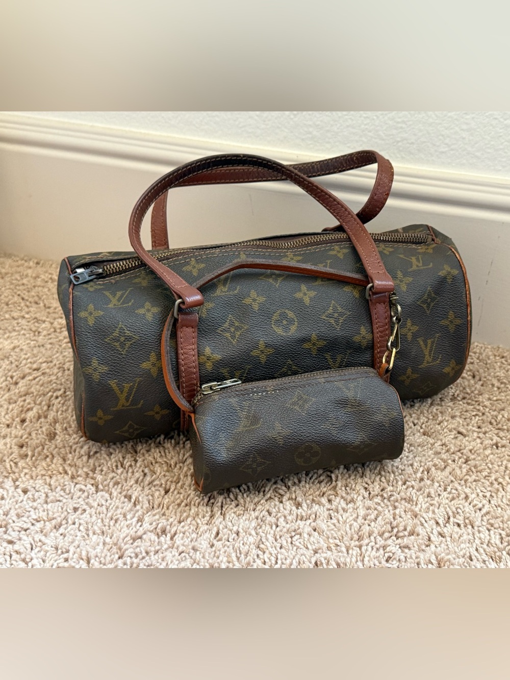 Louis Vuitton Monogram Papillon 30 Vintage Handbag w Pouch Brown Canvas